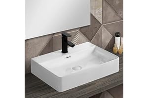 INBAGNO Lavabo da appoggio in ceramica bianco rettangolare, 3 larghezze disponibili, con foro miscelatore (Larghezza 60 cm)