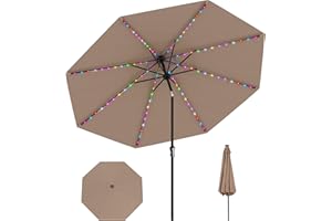 COSTWAY 2.9m Garden Parasol, 96 Solar Powered LED Lights Patio Umbrella with Tilt, Crank Handle & Vented Top, 8 Ribs UV Protective Outdoor Table Sun Shade for Market Yard Pool