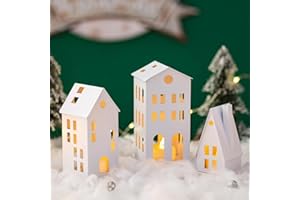 Romadedi - Farol de metal con luz LED de té, juego de 3 unidades, diseño de casa en color blanco, 10/13/15 cm, para casa, Navidad, regalo de inauguración de la casa, regalo de decoración