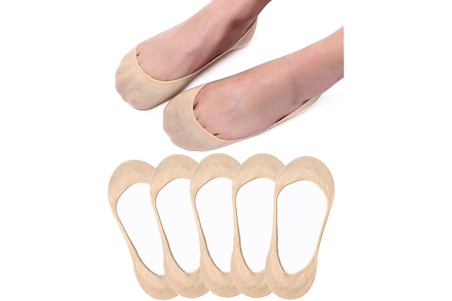 No Show Socks Women, Ladies Invisible Socks Multipack Cotton Footsies Shoe Socks 3-5/6-8, Low Cut Liner Boat Loafer Socks for Summer White Black Nude 5 Pairs