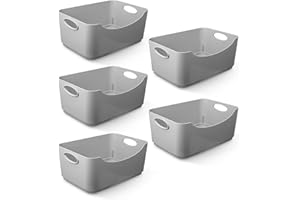 KEPLIN 5 Pack Grey Plastic Studio Storage Basket, Portable Container Boxes with Handles for Storage Organisation in Home & Office, Shelfs, Drawers, Kitchen & Cupboards (25.5x17x11cm)