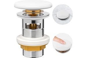 KULACO Bonde de Lavabo avec Trop-Plein, Bonde de Lavabo Universelle pour lavabo et lavabo, Valve Pop-up Blanche avec Couvercle en céramique, Bouchon de vidange avec trop-Plein – G 1¼