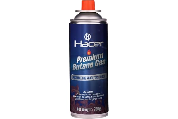 Hacer 250g Pure Butane Gas Cartridges for Camping Stove, Portable High Pressure Refill Fuel for Welding Torch, Fogging Machine & Lighters, Non-Freeze Canisters