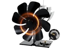 Tomersun 8 Blades Log Burner Stove Fan Wood Burner Heat Powered Fire Fans with Temp Reminder Thermometer for Fireplace/Wood Burning Stove/Log Burner