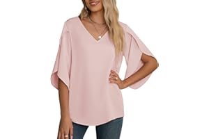Yommay Women's Chiffon Blouse Ladies Tops Elegant Casual Loose 3/4 Ruffled Split Sleeve V Neck Summer Blouse T Shirts