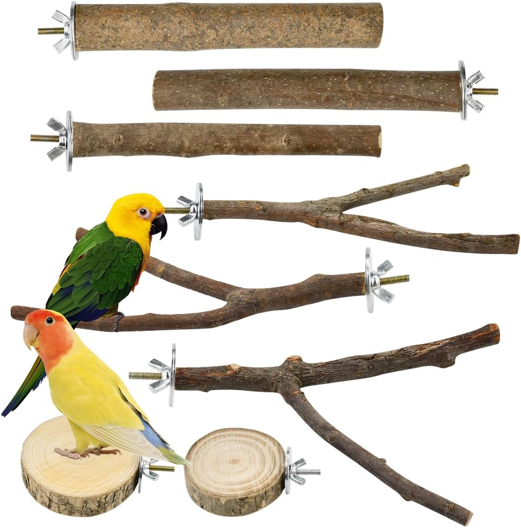 VGECEE 8 Pcs Perchas Naturales para Pajaros Perchas de Madera Naturales Tornillos Para Hacer Perchas Naturales para Jaulas Soporte de Percha Para Pájaros Para Ninfas Periquitos Agapornis Con Arandelas