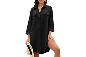 Tuopuda Women Swimsuit Cover Up Chiffon Button Down Beach Shirt 3/4 Sleeve Side Split Loose Blouse Tops V Neck Bikini Cover Ups