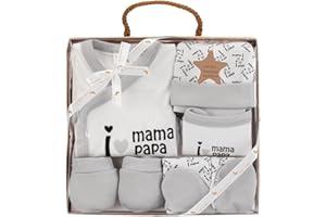 VARIOUSS Set Regalo Primera puesta de 5 Piezas I Love Mamá Papá, Algodón Orgánico e Hipoalergénico Topitos De 0 a 6 meses aprox (Gris)