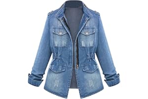 QZQZ Veste Jean Femme Pas Cher A La Mode Manteau en Denim Over Size A Manche Longues Slim Fit Hiver Blouson Femme Grand Taille Veste en Jean Vintage Blouson en Jean Mi-Saison Revers Denim Jacket