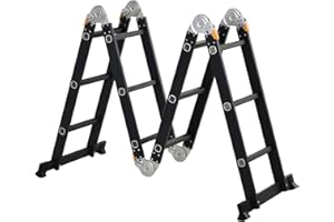 DURHAND Scala in Alluminio 5 in 1 Nera con 2 Pannelli di Sostegno, Scala Pieghevole per Interni ed Esterni, Carico Massimo 150kg, 370x61x11 cm