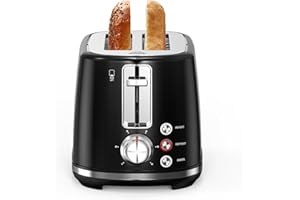 LONGDEEM 2-Slice Toaster 1.5" Extra Wide Slot Stainless Steel with High Lift Lever, 6-Shade Settings & Reheat/Defrost/Cancel Function, Removal Crumb Tray, Under Base Cord Storage, Black