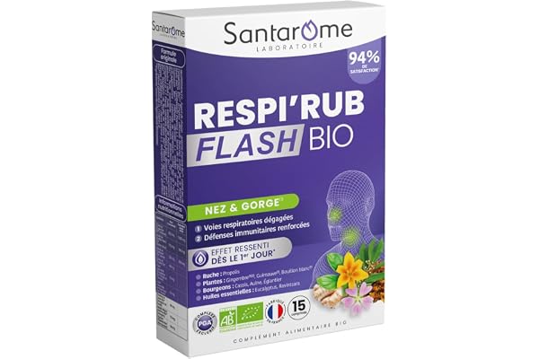 Santarome - Respi'Rub flash Bio - Complément alimentaire voies respiratoires et défenses immunitaires - Nez et gorge - 15 comprimés - Made In France