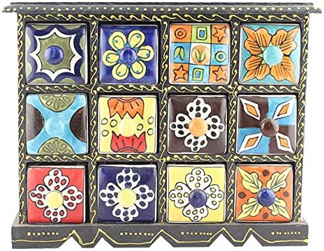 IndianShelf Handmade Wooden Ceramic Spice Organizer Container Seasoning Masala Rack Traditional Jewellery Utility Dry Fruits Box Designer Unique Gift Item SB-826