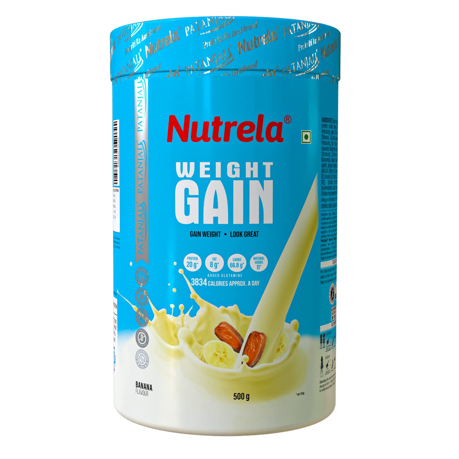 Nutrela Weight Gainer - 500g | 20g Protein, 66.8 Carbs, 13 Vitamins & 12 Minerals with Khandsari Sugar | Ideal for Athlete, M