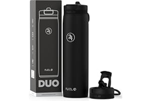 Fuel24 Duo - Stainless Steel Water Bottle 700ml or 1L - Vacuum Insulated Metal Flask with Straw (Dual use Lid) 1 Litre - for Sports, Gym, Work – Slim Design (Carbon, 700 ml)