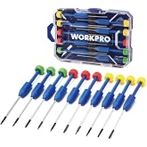 WORKPRO WP200530 Profesyonel Manyetik Hassas Tornavida Seti, CR-V &Ccedil;elik, 10 Par&ccedil;a, PH/SL/Torx U&ccedil;lu, Kaymaz Saplı, Şeffaf Taşı
