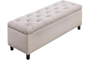 BAKAJI Cassapanca Pouf Contenitore Poggiapiedi per Camera da Letto Panca Sgabello con Struttura in Legno Rivestimento in Tessuto Seduta Apribile Imbottita Dimensioni: 121 x 42 x 43 cm (Beige)