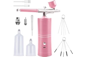 BORDEAG Set aerografo con compressore, kit aerografo, pistola ad aerografo, pistola a spruzzo ricaricabile, set di compressori per aerografo, pistola per il trucco, l'arte, la colorazione del modello (rosa)