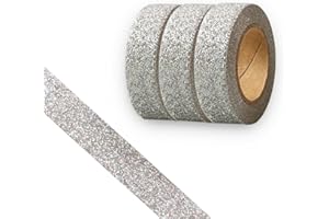 CIAJIE Glitter Washi Tape,3 Rolls 15mm Decorative Tape, Craft Self Adhesive Stick On Sticky Glitter Trim Gold ，Supplies for DIY, Bullet Journal, Craft, Gift Wrapping, Scrapbooking (Laser silver)