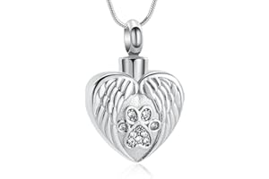 VCCWYQK Cremation Jewelry Urn Necklace for Ashes for Pet Dog Paw Print Angel Wing Heart Urn Locket Pendant for Dog/Cat (Silver)
