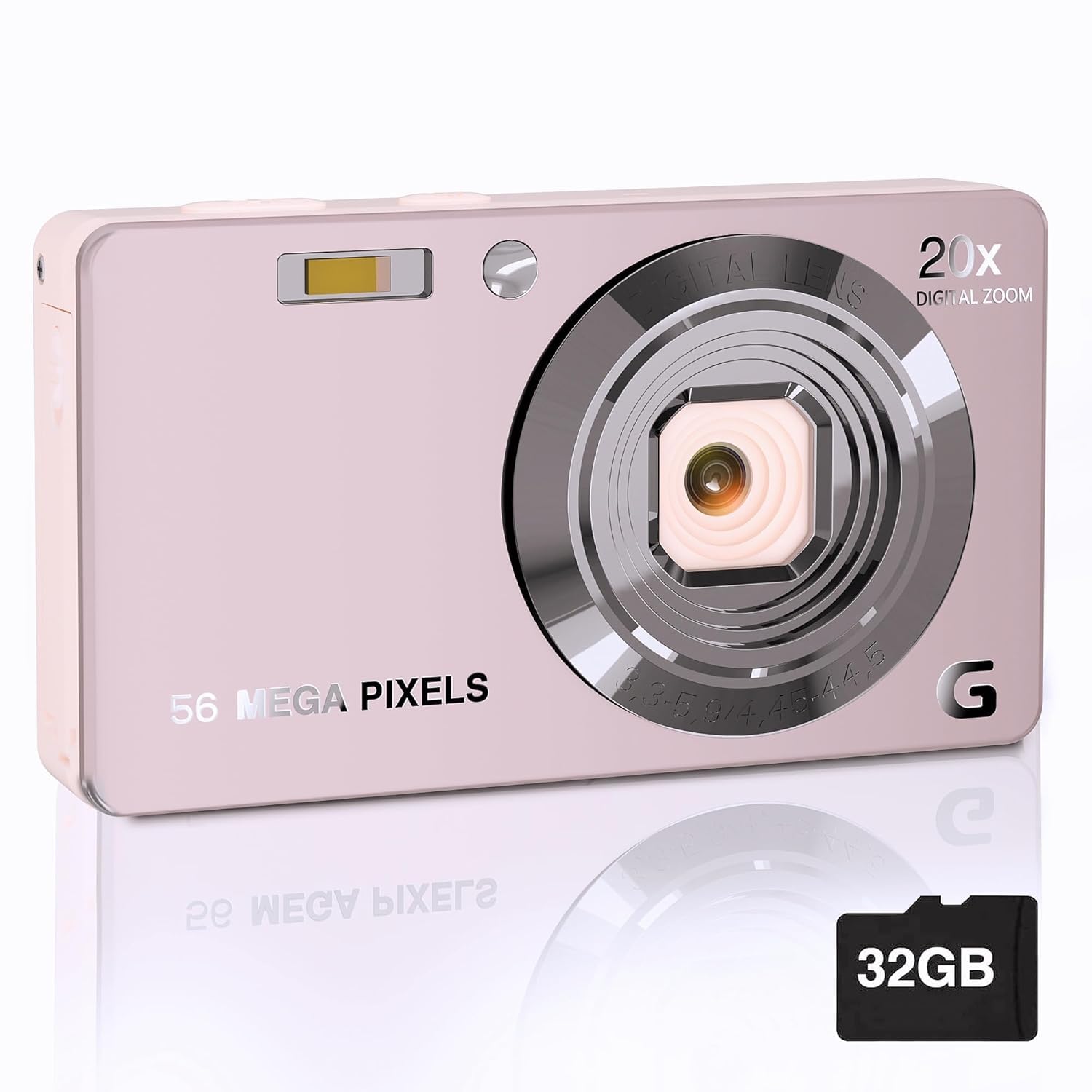 4K Digital Camera for Photography, 56MP Point and Shoot Camera with 20X Zoom, Autofocus, Anti-Shake, 4K Video Recording, 32GB SD Card, Compact & Lightweight, Ideal for Adults, Teens & Beginners (Pink)
