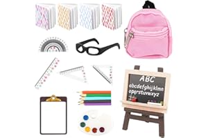 EPOKUS Miniatur Puppenhaus Zubehör, Schulbedarf Wichtel Möbel, Puppenhaus Schulzubehör, 1:12 Wichtel Zubehör für DIY Wichtelhaus Dekor Weihnachts Geschenke, Mini Buchrucksack Tafel Bücher Bleistift Lineale