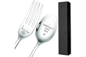 BOHJPIS 2-Piece Personalised Gifts with Engraving I Love You,“I Cereally Love You”’ Spoon and Fork, Valentine's Day Couples, Love Actually Gifts for Him Box (Silvery)