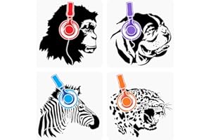 FINGERINSPIRE 4PCS Banksy Animal Headphones Painting Stencils 30x30cm Reusable Monkey Dog Drawing Templates Hollowed Leopard Zebra Stencils for Painting Animal Theme Templates for DIY Crafts