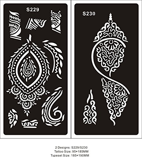STENCILS TEMPLATE TATTOO Mehndi Stencill Indian Henna Designs Set of 2 Sheet - single use S229 S230 - suitable for Henna Tattoo Glitter Tattoo and Airbrush Tattoo