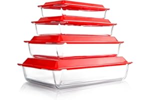 KARADROVA Lot de 4 Plats à Four en Verre avec Couvercle, 1+1.7+2.8+4.2L - Plats à Lasagne pour le Four (PAS LE COUVERCLE), Rectangulaire, Récipients en Verre avec Couvercle en Plastique