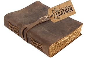 moonster Vintage Leather Journal, 240 Pages Tree-Free Cotton Deckle Edge Paper, Blank Bound Journal Book of Shadows, Antique Handmade Art Journal Old Style Notebook, Leather Sketchbook 8"x6"
