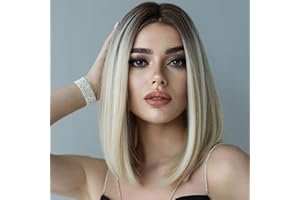 PORSMEER Racine noire avec des perruques de cheveux blonds Belle perruque courte naturelle Bob lisse Perruques synthétiques résistantes à la chaleur de 12 pouces pour les femmes