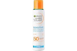 Garnier Ambre Solaire SPF 50+ Sensitive Advanced Dry Mist Sun Cream Spray, Water Resistant & Non Greasy Sunscreen, Fragrance Free, UVA & UVB Protection, 150ml