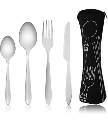 Set Di Posate Da Viaggio In Acciaio Inox – 12 Pezzi Per 2 Persone: Coltelli, Forchette, Cucchiai, Cucchiaini, Apribottiglie – Custodia Porta Posate Con Zip – Per Picnic, Campeggio, Scuola, Ufficio