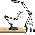 HELEE 2-in-1 Magnifying Glass with Light and Stand, 10X Real Glass Desk Lamp with Clamp, Adjustable Swing Arm LED Lighted Magnifier with 3 Color Modes Light for Reading Crafts Works