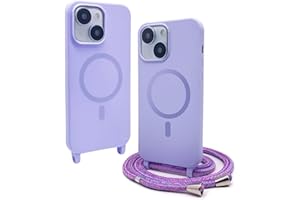 BGHHEU Mobile Phone Chain Case Compatible with iPhone 13 Mini with Strap, Mobile Phone Case Compatible with MagSafe, Removable Cord for Hanging, Silicone Case, Magnetic Mobile Phone Case, Purple