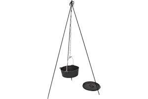 Andes Cast Iron Dutch Oven & Steel Tripod with Hanging Chain & Hook, Camping/Travel Cooking Casserole Pot, Folding/Portable