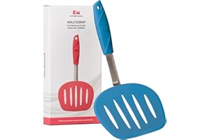 Kitchen Mama WALTZGRIP Platinum Silicone Pancake Spatula Turner: Heat-Resistant, Wide Slotted Tapered Head Stainless Steel Core. Durable, Dishwasher-Safe, Flipping Cooking Needs, Wok Use (Blue)
