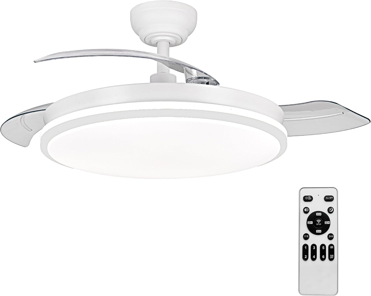Ventilador de techo con luz con mando 3 aspas, Motor DC 30W+42W Luz LED,temporizador, 6 velocidades, aspas retráctiles, 3 temperaturas de luz, función verano-invierno Silencioso (Blanco puro, 50CM)