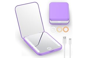 Gospire Espejo de maquillaje de viaje recargable con luces y aumento 1X/3X, espejo compacto LED con 3 colores de luz y brillo ajustable, espejo de tocador pequeño de mano para bolsos, morado