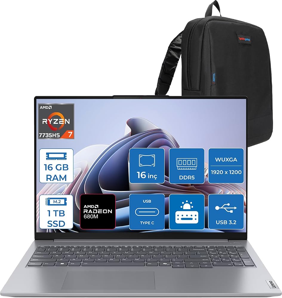 Lenovo Thinkbook 16 G7 Arp Amd Ryzen 7 7735HS 16GB Ddr5 1tb SSD Radeon 680M Graphics 16" Wuxga 300NITS IPS Freedos Taşınabilir Bilgisayar 21MW002CTRF03 + Zetta Çanta