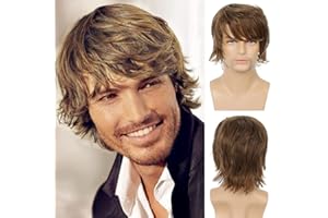 BEWEIG Peluca para hombre marrón claro ondulado natural de capas cortas pelucas masculinas sintéticas con flequillo disfraz de fiesta de Halloween Cosplay diario