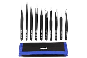XOOL Juego de Pinzas Antiestáticas ESD de 10 Piezas, Kit de Pinzas de Acero Inoxidable para Laboratorio, Electrónica, Joyería y Trabajos Detallados