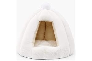 DHGTEP Cat Igloo Beds Fluffy Cat Cave Hooded Heated Bed Basket Cat Tent Caves & Houses Removable Washable Cushions for Cats/Cushion Bed for Cats (Color : White, Size : 48x48x40CM)