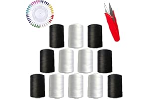 QE'MONO Hilos de coser para maquina y bordados a mano de 850 m colores blanco y negro. 12 Bobinas de hilo Alfa resistentes 100% poliester. Incluye tijera de costura con mango ergonómico y 40 alfileres.