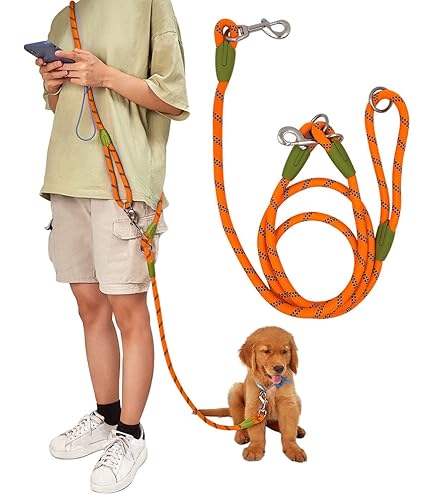 Kelivi Dubbele hondenriemkoppeling, geen wirwar, 360 ° draaibare rotatie, twee 2 splitters, zwaar belastbare, verstelbare bungee-reflecterende dubbele riem voor wandelen, medium groot (zwart