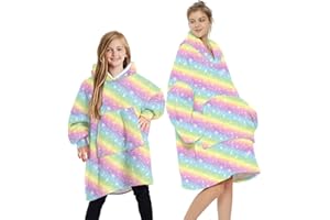 Seogva Blanket Sweatshirt Hoodie Fluffy Fleece Hoodie Blanket, Oversized Plush Hooded Top, Large for Adults Men Women and Small for Kids Boys Girls (Large, Rainbow)