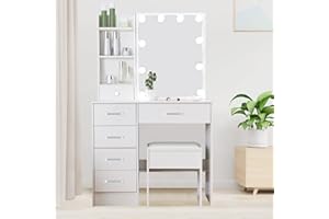 Saihemei Dressing Table with LED Mirror and Lights, Vanity Table with 3 Lighting Modes Adjustable Brightness, Girls Makeup Desk with 6 Drawers and Shelves for Bedroom Studio
