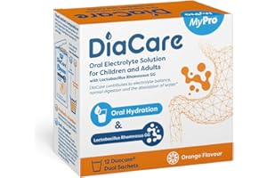 MYPRO DiaCare Oral Rehydration for Children and Adults | Electrolytes and Probiotic | Orange Flavour | 12 Sachets