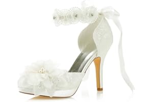 JIAJIA 3703L aux Femmes Chaussures de mariée Bout fermé 10cm Talon Aiguille Dentelle satinée Plate-Forme des Pompes Chaussures de Mariage